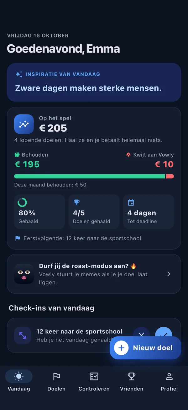 Vandaag-scherm met je geld-dashboard en check-ins