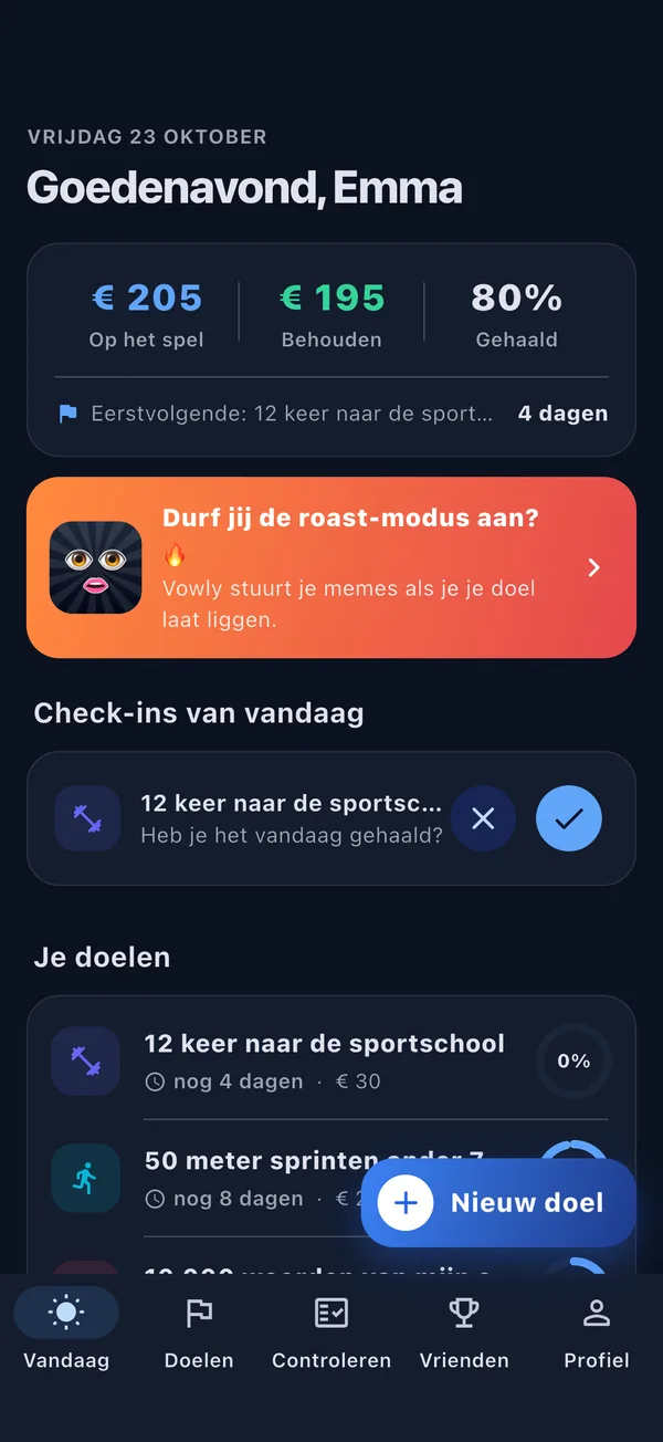 Vandaag-scherm met je geld-dashboard en check-ins